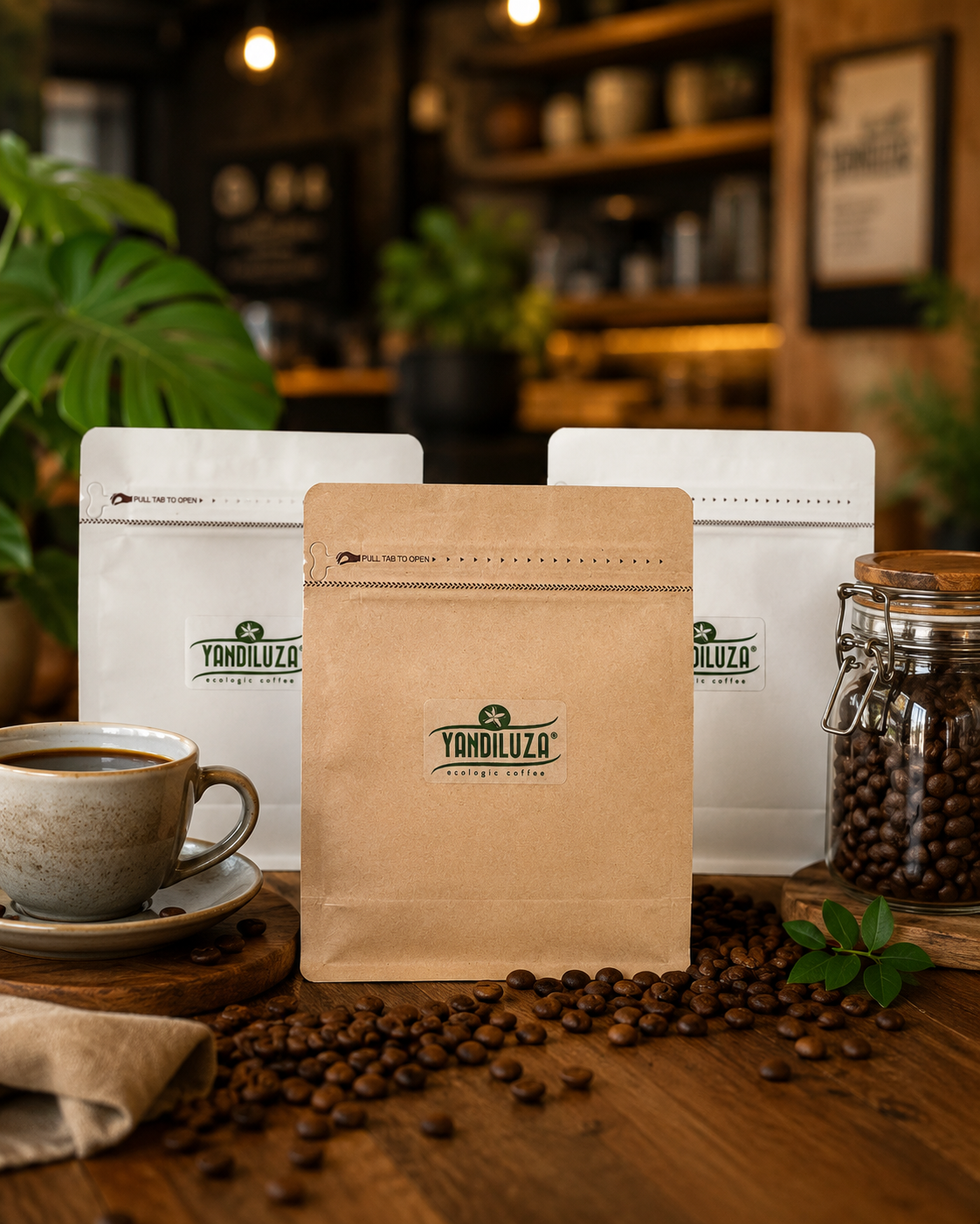 Detalle de bolsa de Café Yandiluza con taza y granos