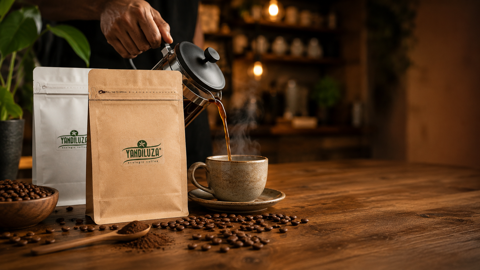 Bolsas de Café Yandiluza agrupadas sobre mesa de madera