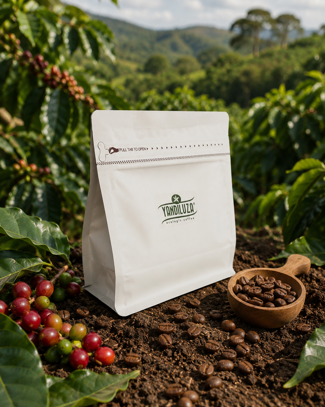 Bolsa de Café Yandiluza junto a una taza humeante y granos de café