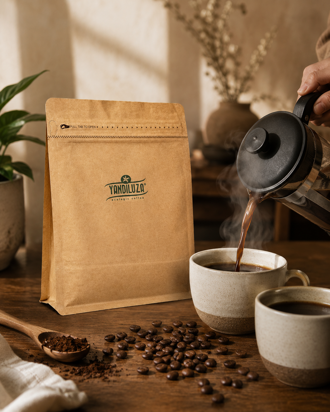Bolsa kraft de Café Yandiluza sobre mesa de madera